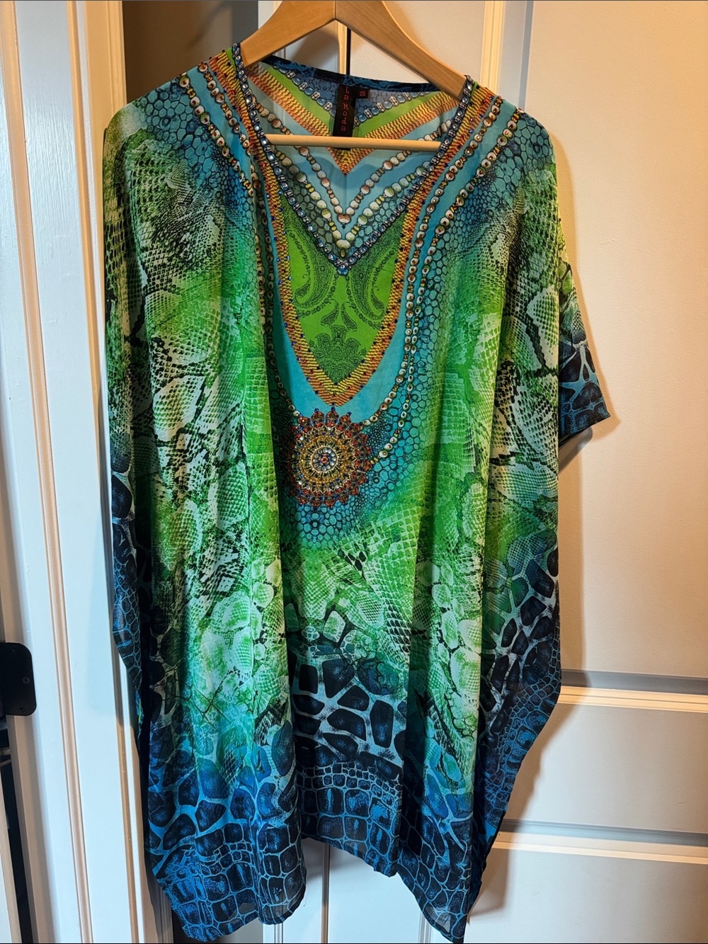 Vibrant Green & Blue Embellished Women’s Beach Cover-Up